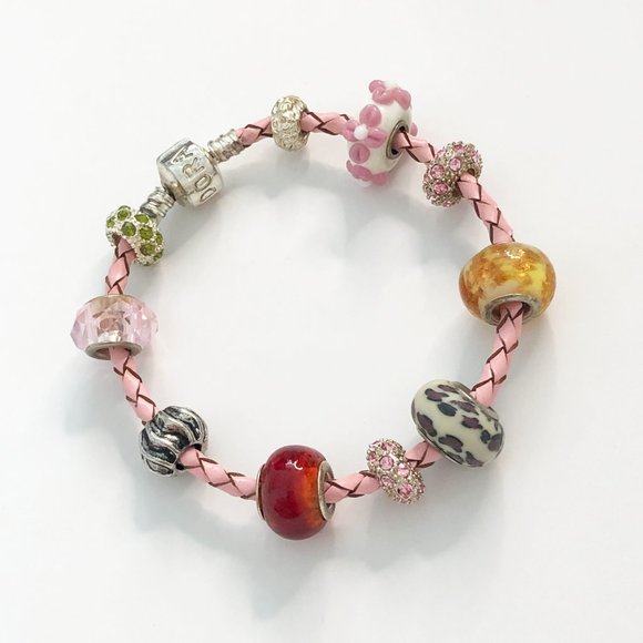 Pink Pleather Braid Bracelet with 10 Colourful Pendants - Picture 5 of 5